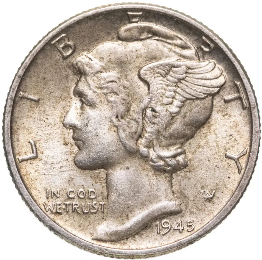 США 10 центов (дайм, one dime) 1945  Mercury Dime (дайм «Меркурий») без обозначения монетного двора, реверс