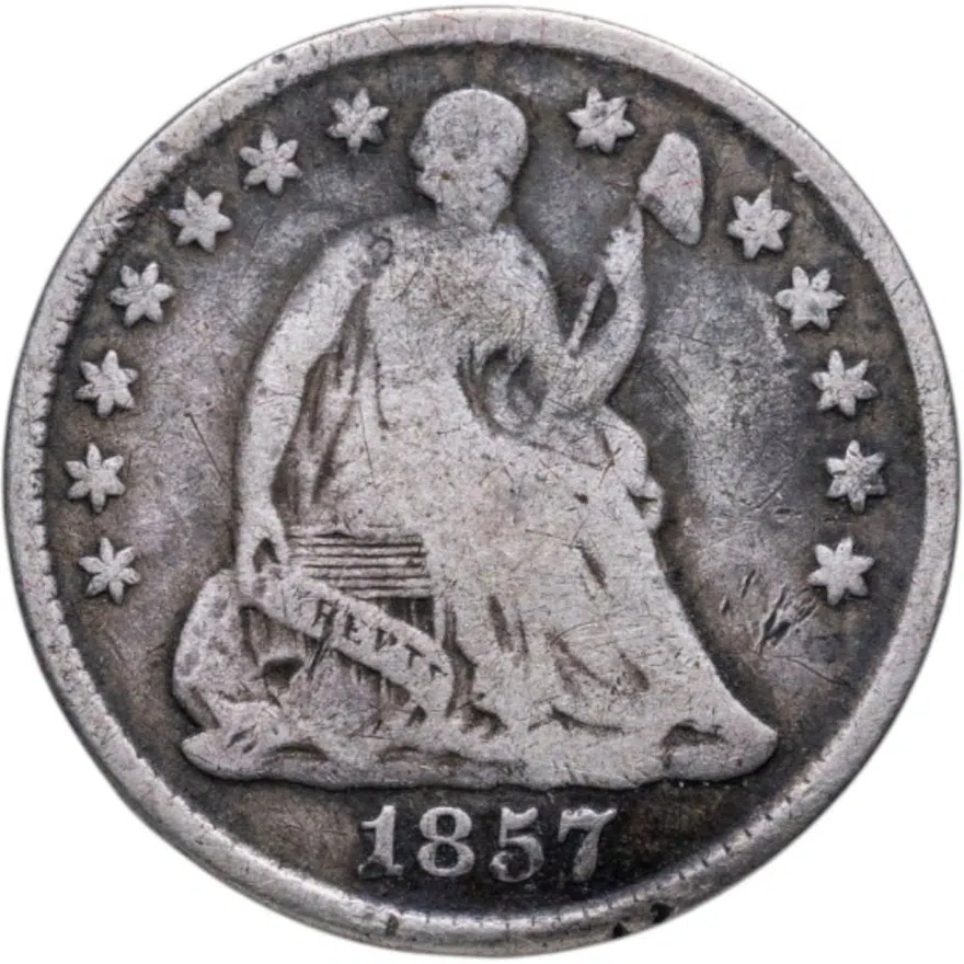 США 5 центов (1/2 дайма, half dime) 1857  Seated Liberty Half Dime Без отметки монетного двора