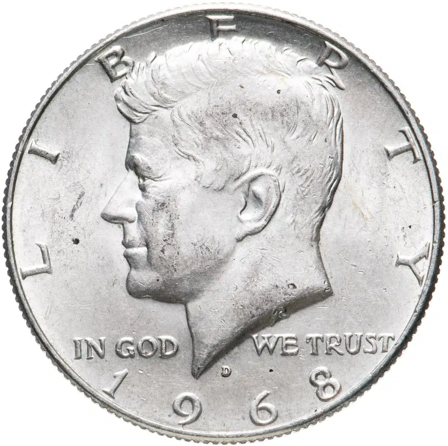 США 50 центов (1/2 доллара, half dollar) 1968 D Kennedy Half Dollar (Кеннеди) знак монетного двора "D" - Денвер