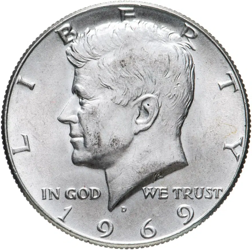 США 50 центов (1/2 доллара, half dollar) 1969 D Kennedy Half Dollar (Кеннеди) знак монетного двора "D" - Денвер