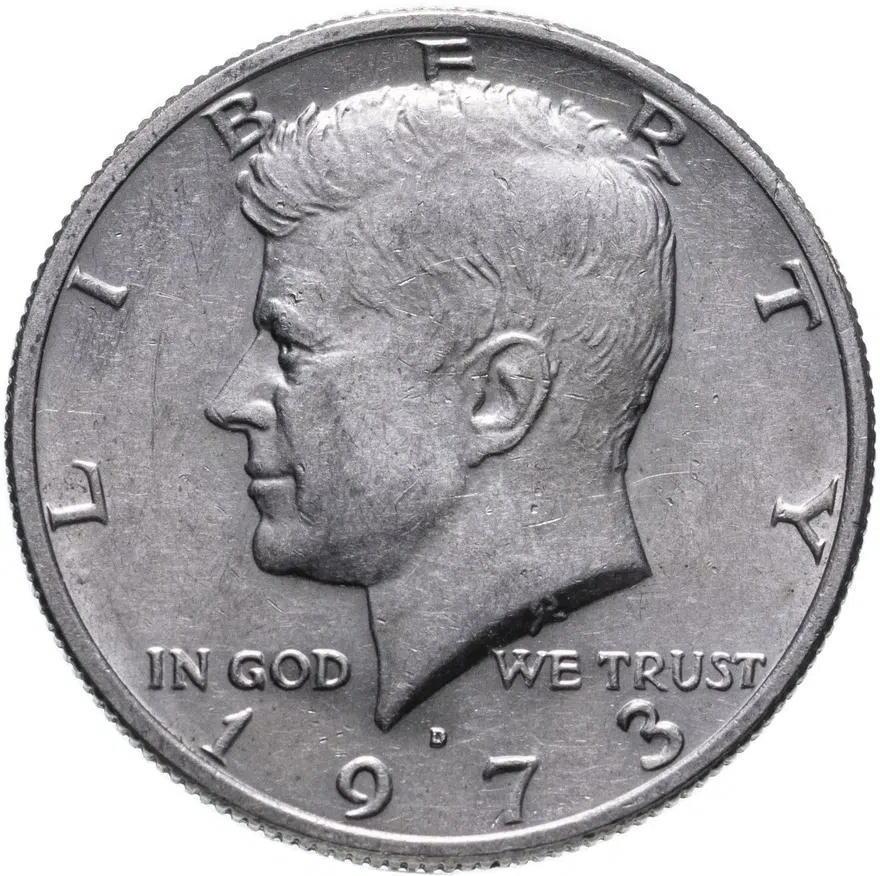 США 50 центов (1/2 доллара, half dollar) 1973 D Kennedy Half Dollar (Кеннеди) знак монетного двора "D" - Денвер, аверс