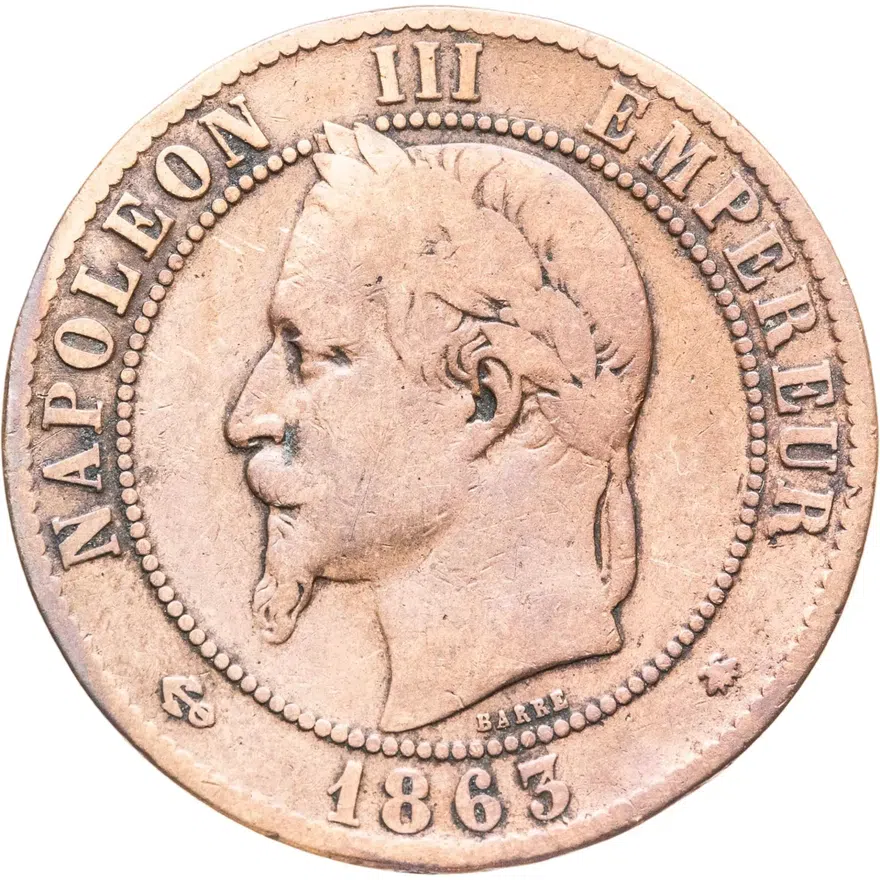 Франция 10 сантимов (centimes) 1863 A  знак монетного двора: "A" - Париж, аверс