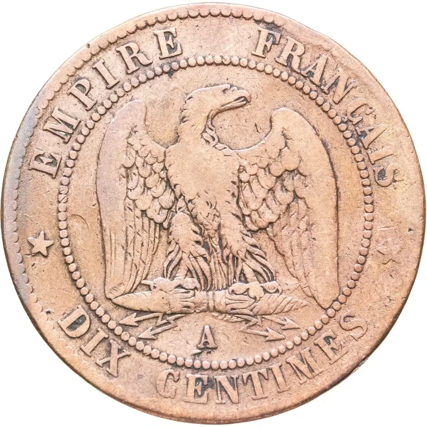 Франция 10 сантимов (centimes) 1863 A  знак монетного двора: "A" - Париж, реверс