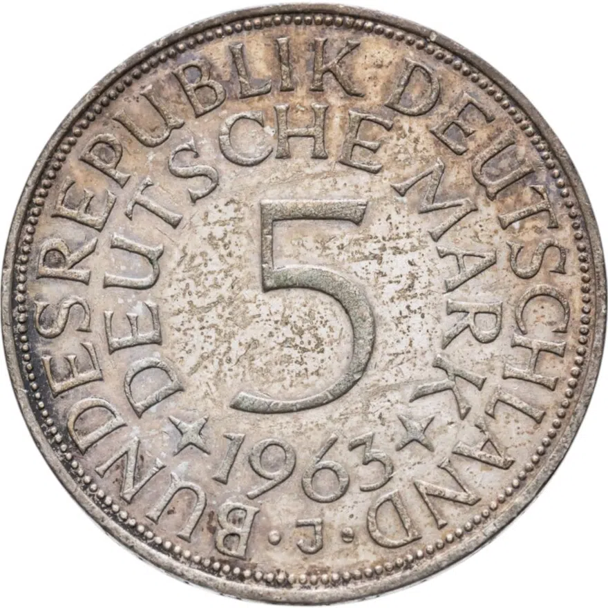 Германия 5 марок (deutsche mark) 1963 J  знак монетного двора: "J" - Гамбург