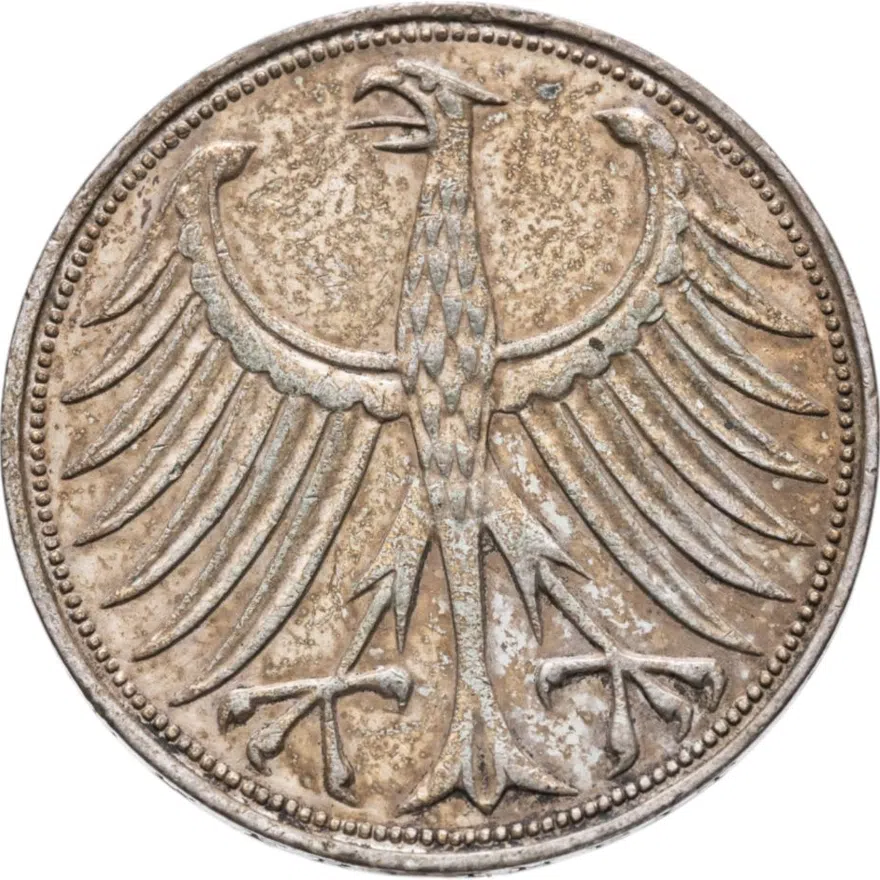 Германия 5 марок (deutsche mark) 1963 J  знак монетного двора: "J" - Гамбург, реверс