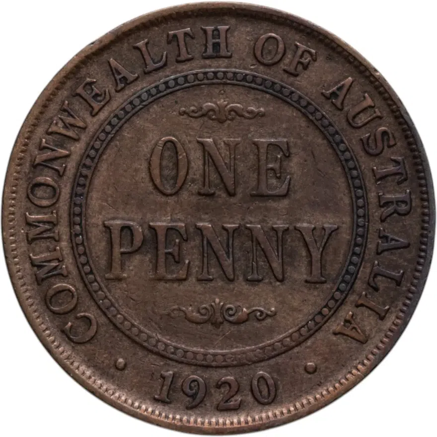 Австралия 1 пенни (penny) 1920   Точка под нижним свитком и над верхним свитком на реверсе