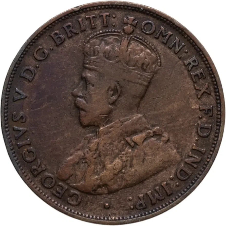 Австралия 1 пенни (penny) 1920   Точка под нижним свитком и над верхним свитком на реверсе, реверс