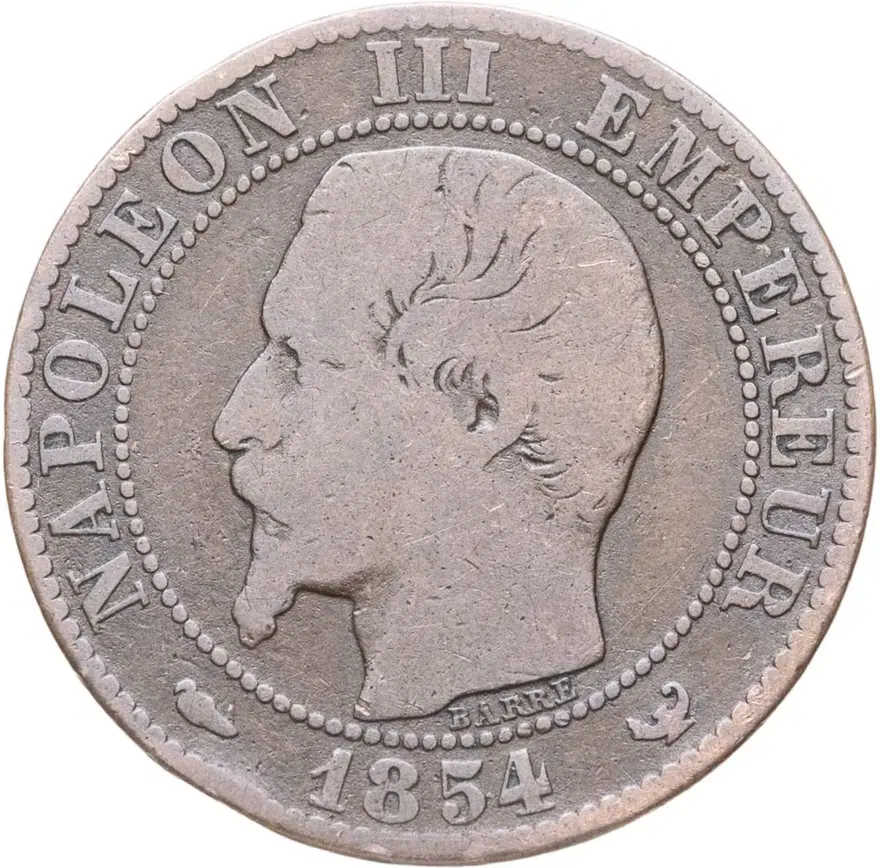 Франция 5 сантимов (centimes) 1854 W  знак монетного двора: "W" - Лилль