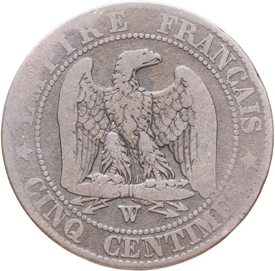 Франция 5 сантимов (centimes) 1854 W  знак монетного двора: "W" - Лилль, реверс