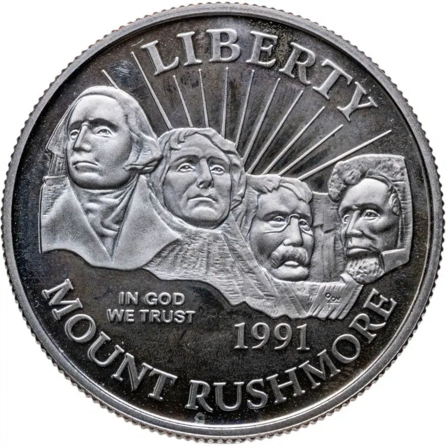 США 50 центов (1/2 доллара, half dollar) 1991 D Mount Rushmore (50 лет Национальному мемориалу Рашмор) знак монетного двора "D" - Денвер, аверс
