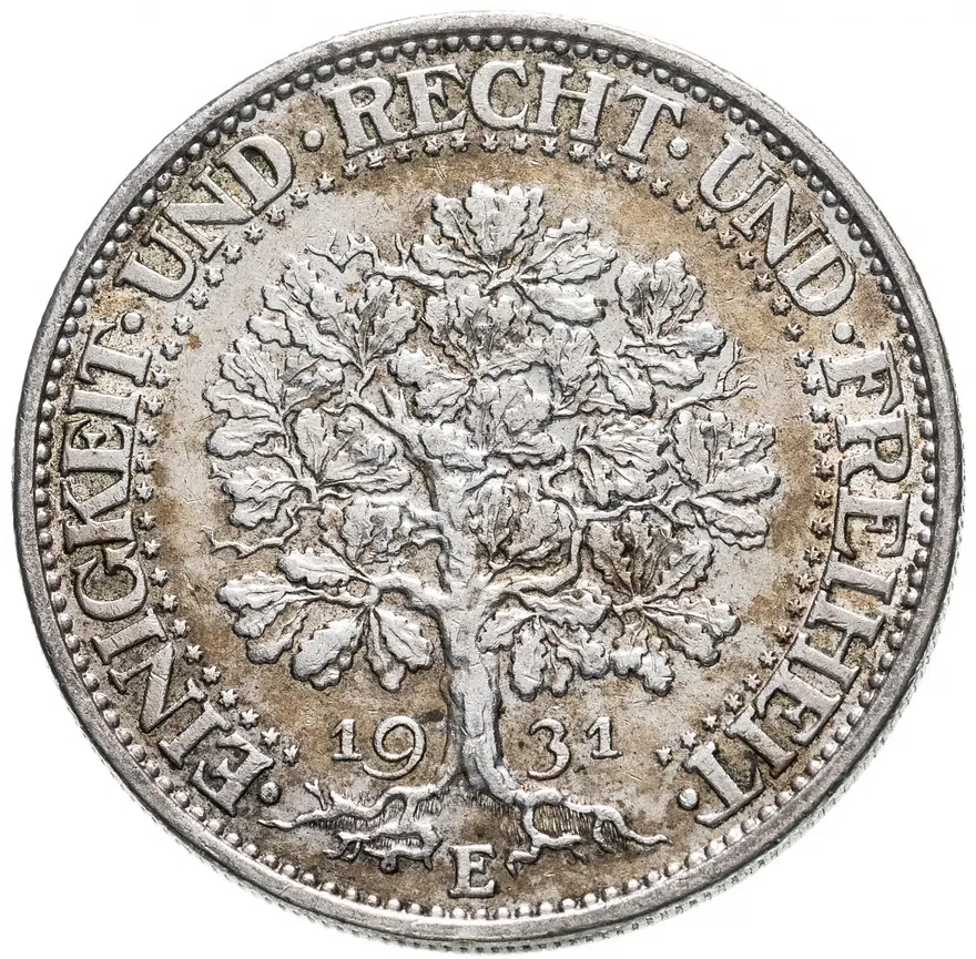Германия 5 рейхсмарок (reichsmark) 1931 знак монетного двора "E" — Мульденхюттен, аверс