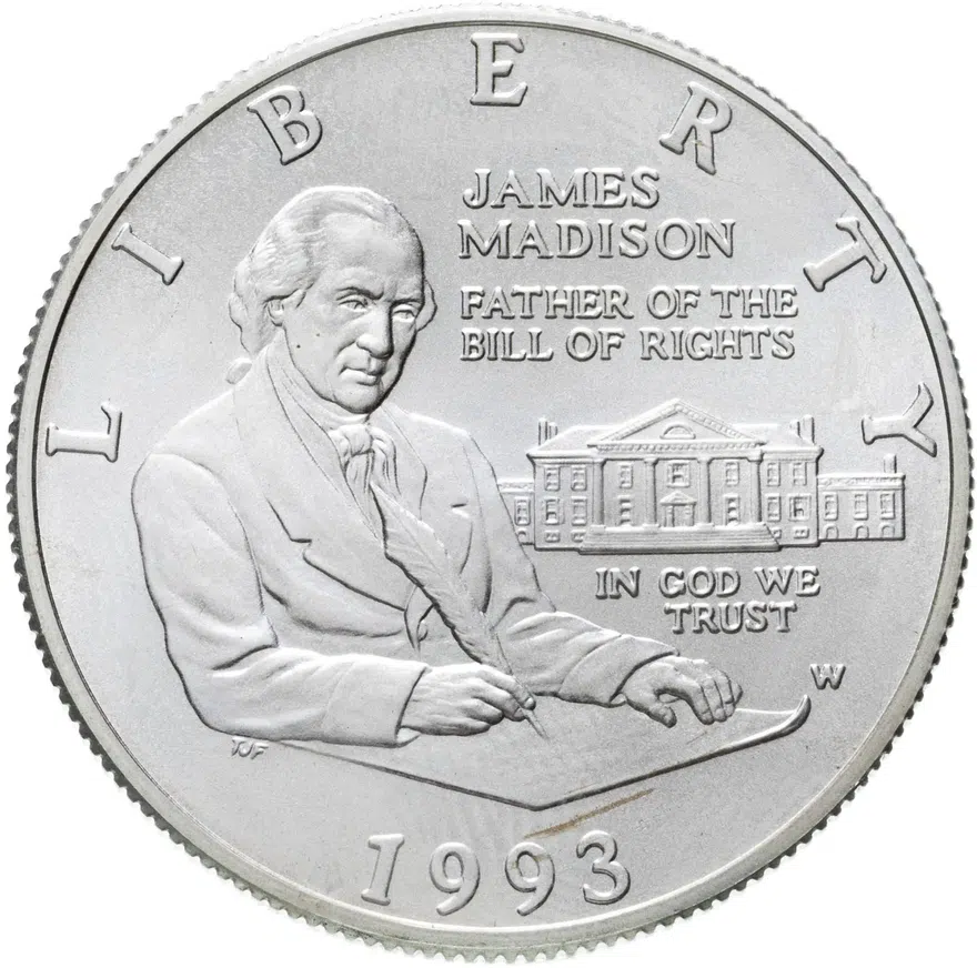 США 50 центов (1/2 доллара, half dollar) 1993 Джеймс Мэдисон и Билль о правах