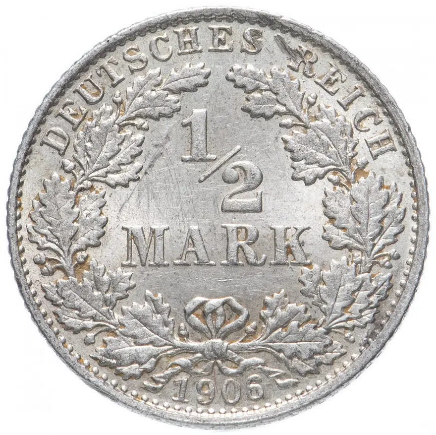Германия 1/2 марки (mark) 1906 A  знак монетного двора: "A" - Берлин