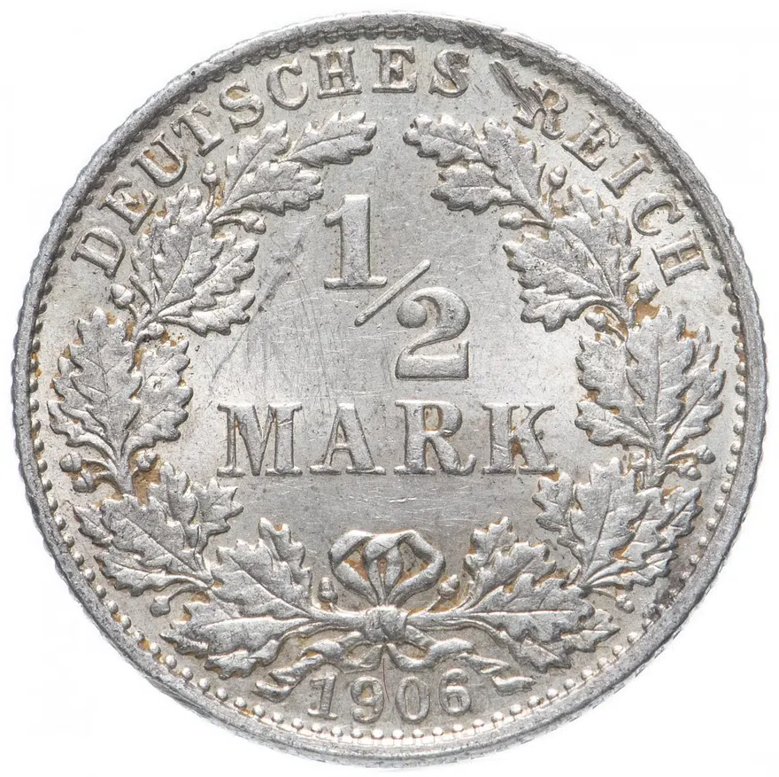 Германия 1/2 марки (mark) 1906 A  знак монетного двора: "A" - Берлин, реверс
