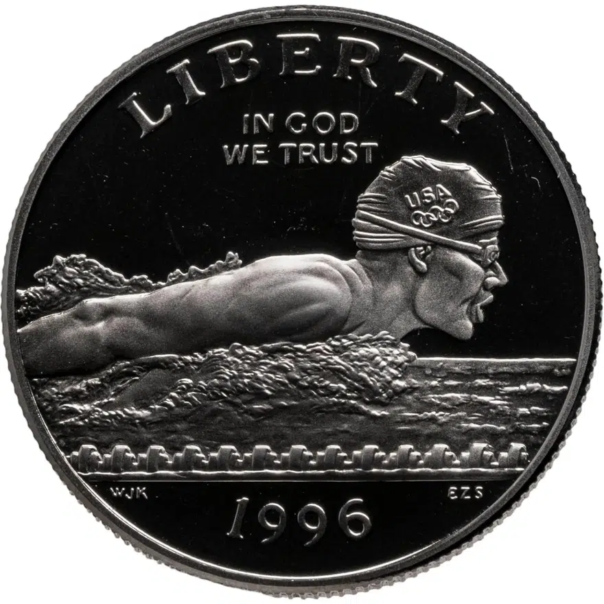 США 50 центов (1/2 доллара, half dollar) 1996 S XXVI Olympiad Swimming (XXVI летние Олимпийские Игры, Атланта 1996 - плавание), аверс