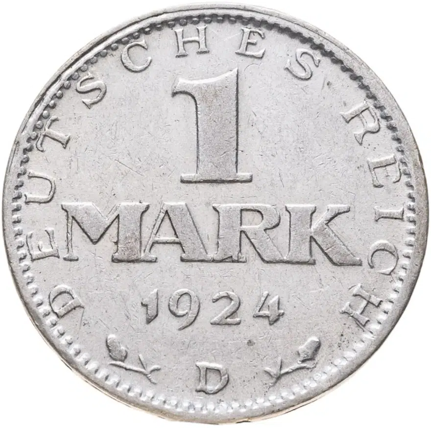 Германия 1 марка 1924 Знак монетного двора "D" — Мюнхен