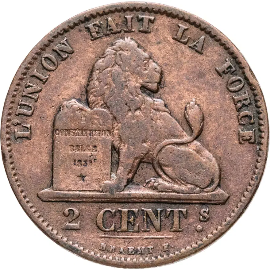 Бельгия 2 сантима (centimes) 1875  Надпись на французском - 'DES BELGES'