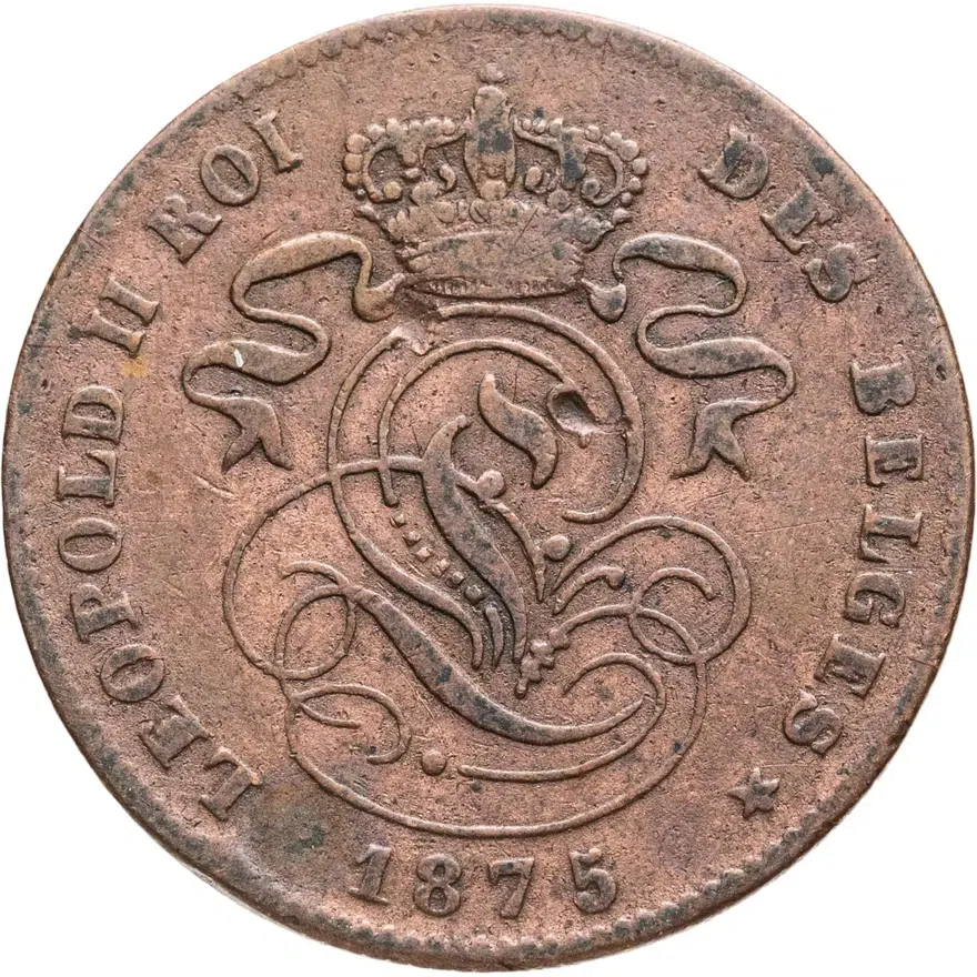 Бельгия 2 сантима (centimes) 1875  Надпись на французском - 'DES BELGES', реверс