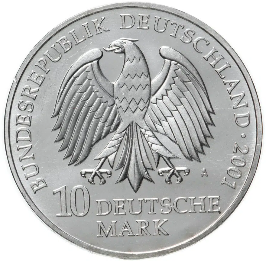 Германия 10 марок (mark) 2001 Военно-морской музей в Штральзунде знак монетного двора:  "A" - Берлин, реверс