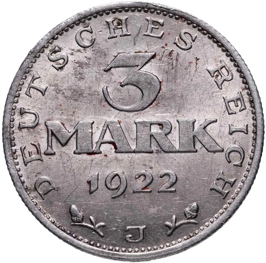 Германия (Веймарская республика) 3 марки 1922 "3-я годовщина Веймарской конституции" знак монетного двора "J" — Гамбург, реверс