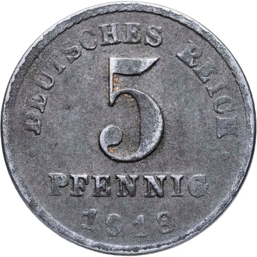 Германия 5 пфеннигов (pfennig) 1918 D  знак монетного двора: "D" - Мюнхен, аверс