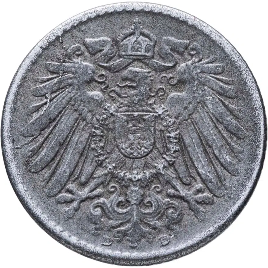 Германия 5 пфеннигов (pfennig) 1918 D  знак монетного двора: "D" - Мюнхен, реверс