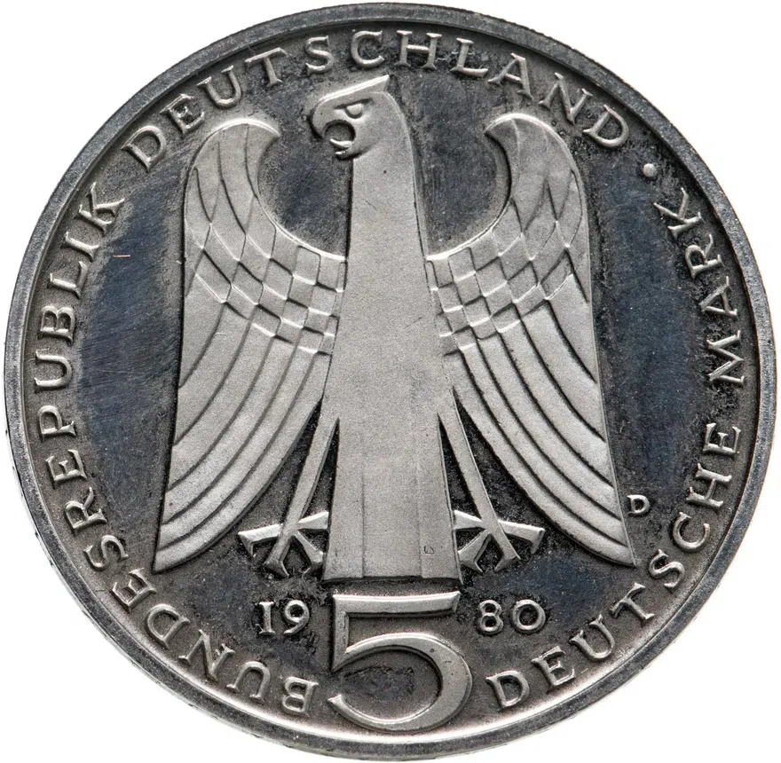 Германия 5 марок (deutsche mark) 1980  750 лет со дня смерти Вальтера фон дер Фогельвейде, реверс