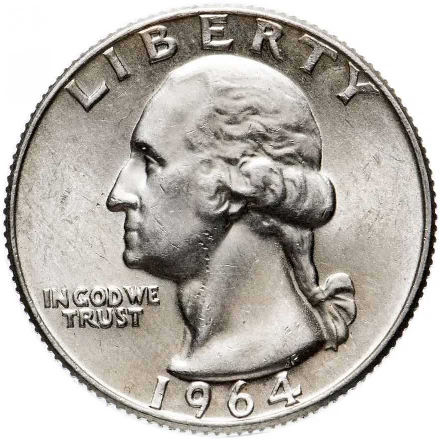 США 25 центов (квотер, 1/4 доллара, quarter dollar) 1964  Washington Quarter (Вашингтон) без обозначения монетного двора