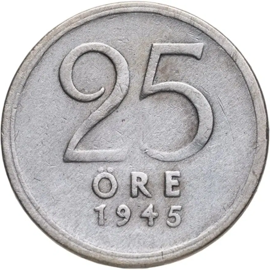 Швеция 25 эре (ore) 1945, реверс