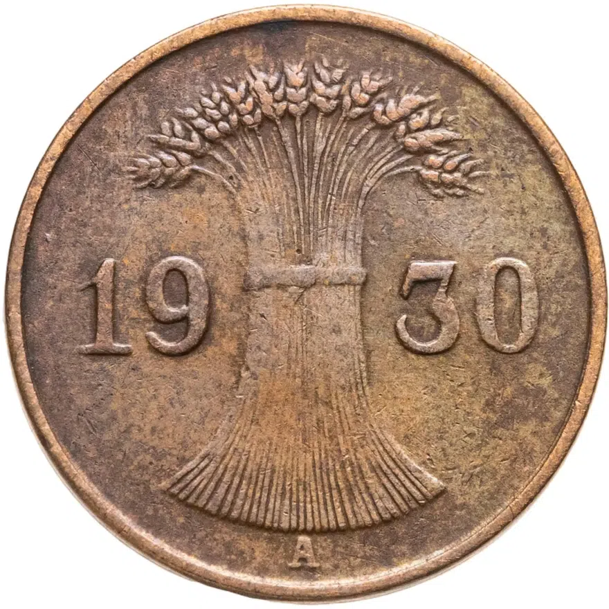 Германия 1 рейхспфенниг (reichspfennig) 1930 A  знак монетного двора "A" — Берлин, реверс