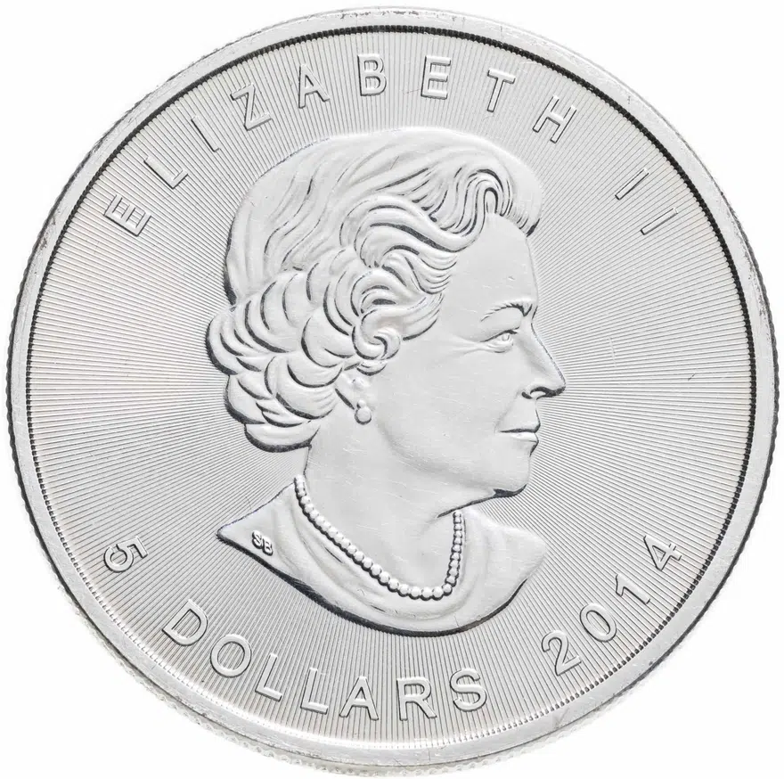Канада 5 долларов (dollars) 2014 Кленовый лист (маленький лист под большим), аверс