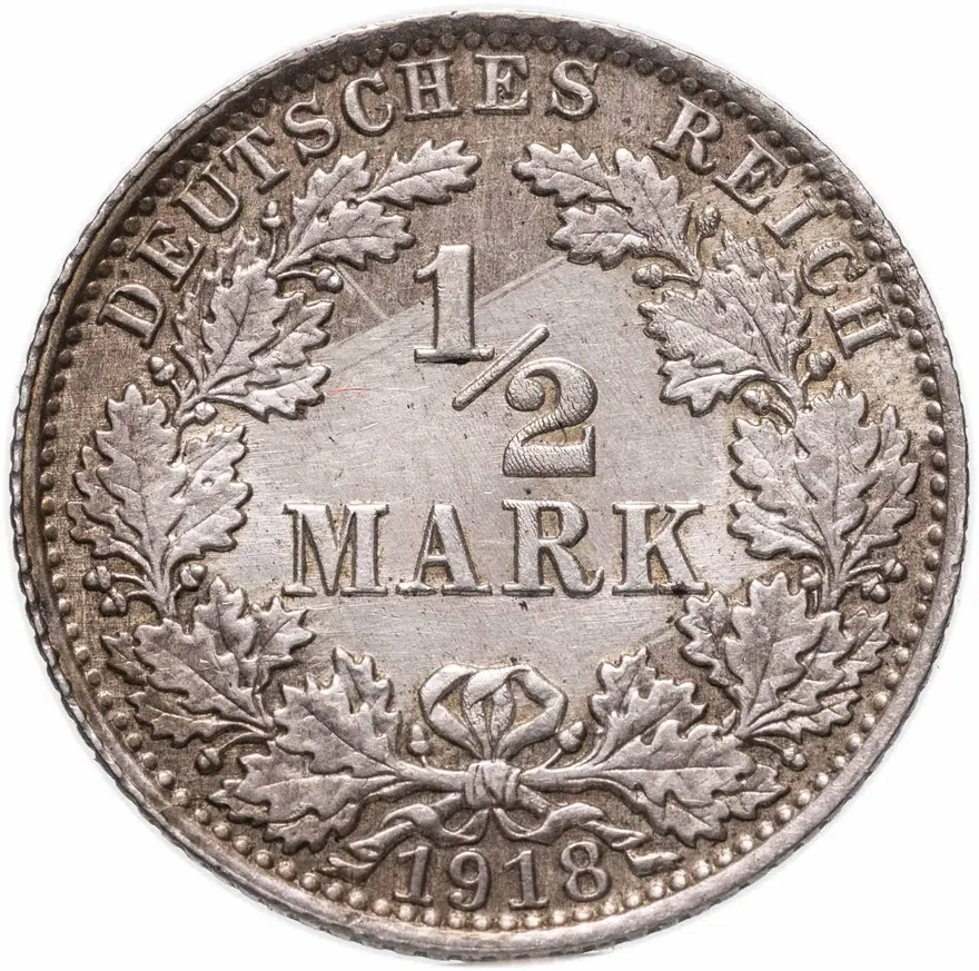 Германия 1/2 марки (mark) 1918 A  знак монетного двора: "A" - Берлин, аверс