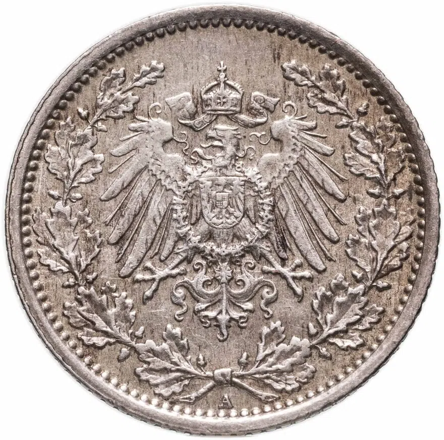 Германия 1/2 марки (mark) 1918 A  знак монетного двора: "A" - Берлин, реверс