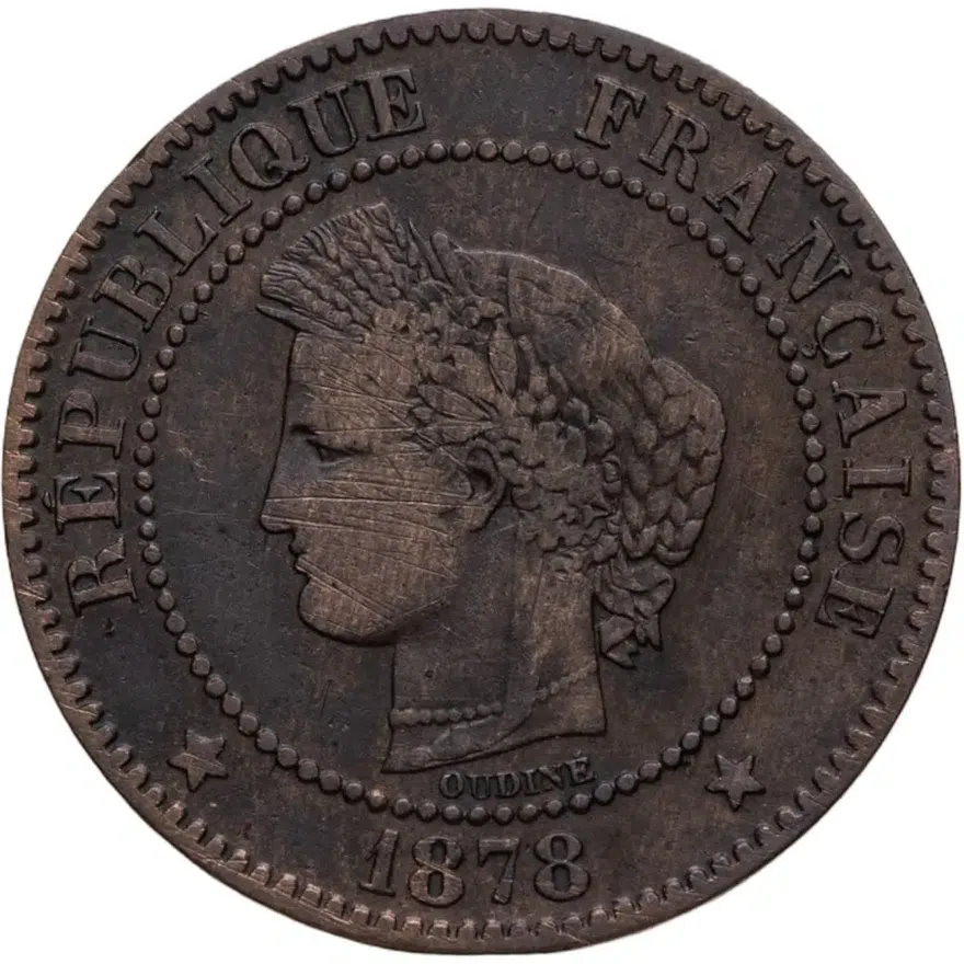 Франция 2 сантима (centimes) 1878 A  знак монетного двора: "A" - Париж, реверс