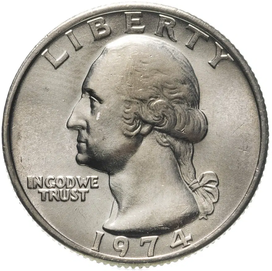 США 25 центов (квотер, 1/4 доллара, quarter dollar) 1974  Washington Quarter (Вашингтон) без обозначения монетного двора, аверс