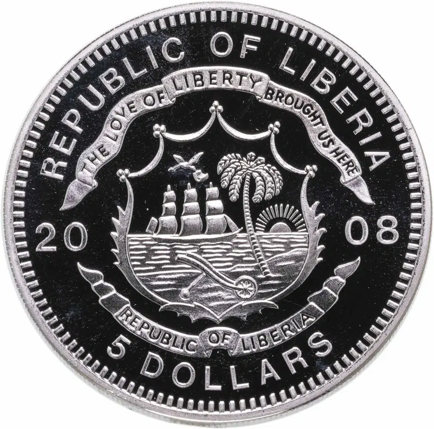 Либерия 5 долларов (dollars) 2008 "Танки Второй мировой войны - Тигр", реверс