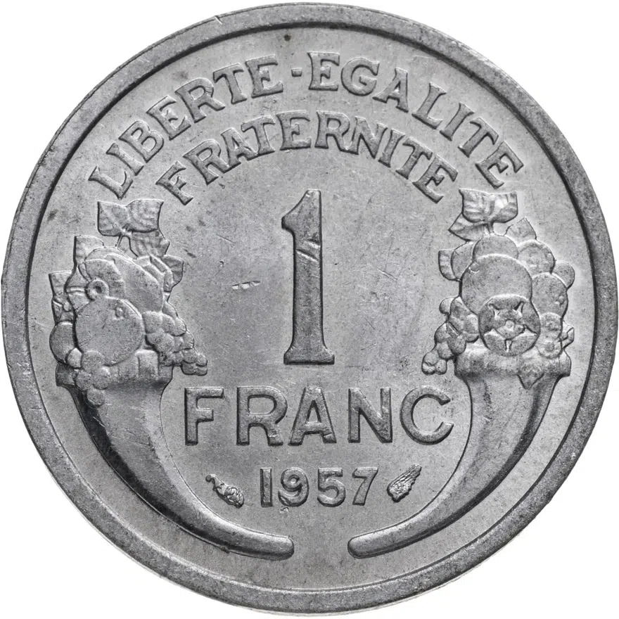 Франция 1 франк (franc) 1957   без отметки монетного двора, реверс