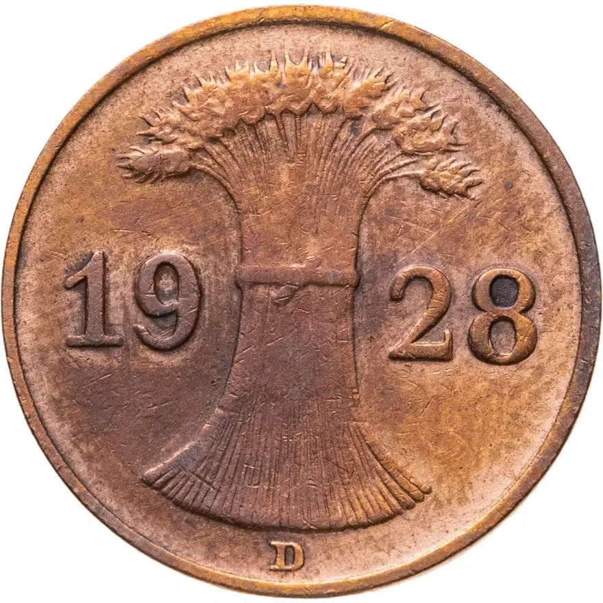 Германия 1 рейхспфенниг (reichspfennig) 1928 D  знак монетного двора "D" — Мюнхен, реверс