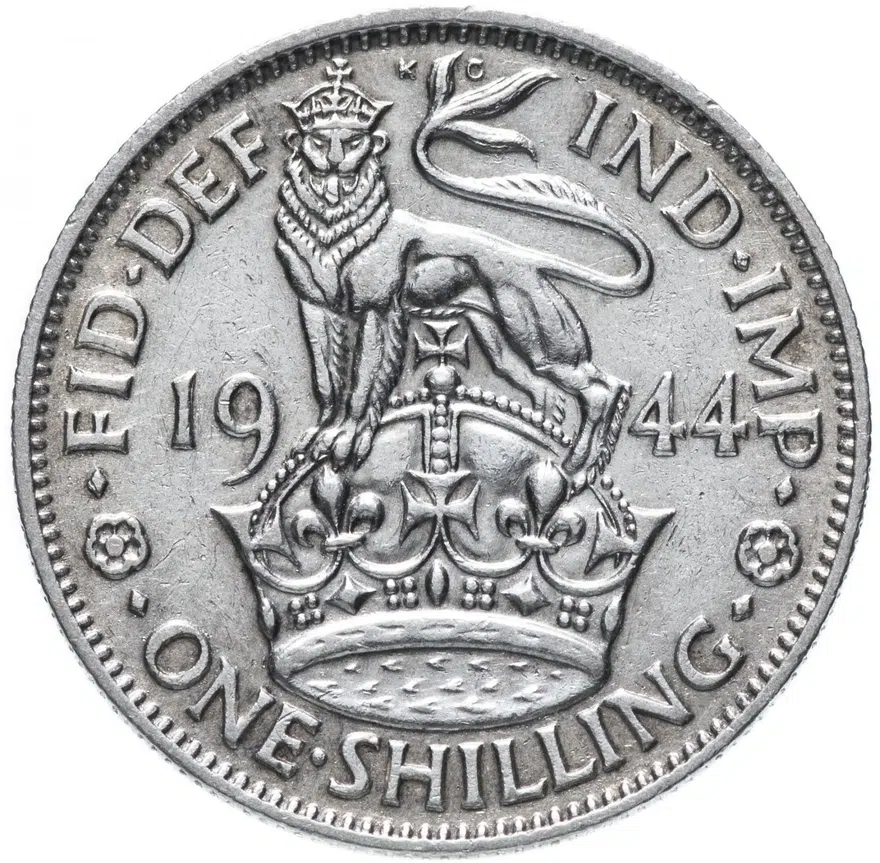 Великобритания 1 шиллинг (shilling) 1944   Английский шиллинг - лев, стоящий на короне, аверс