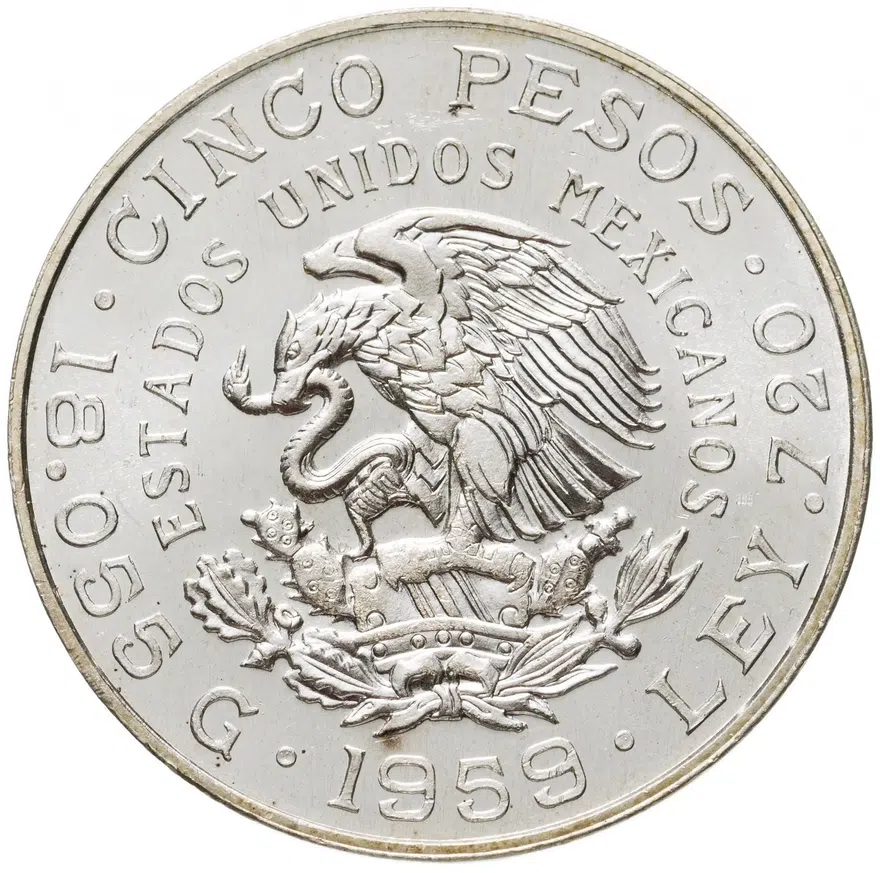 Мексика 5 песо (pesos) 1959  100 лет со дня рождения Венустиано Карранса, реверс