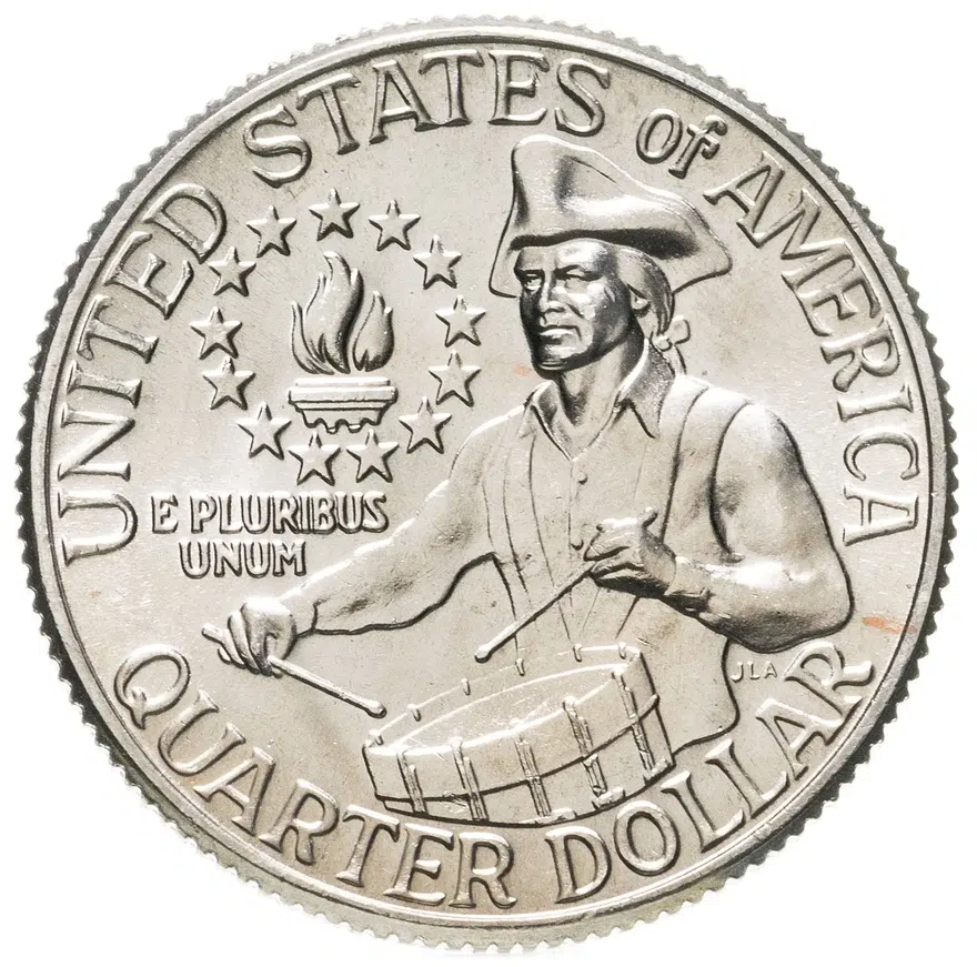 США 25 центов (квотер, 1/4 доллара, quarter dollar) 1976 D 200 лет независимости США (барабанщик) знак монетного двора "D" - Денвер, реверс