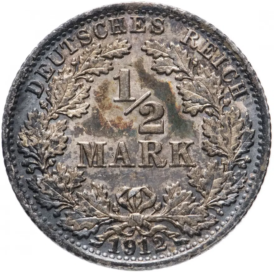 Германия 1/2 марки (mark) 1912 A  знак монетного двора: "A" - Берлин, реверс