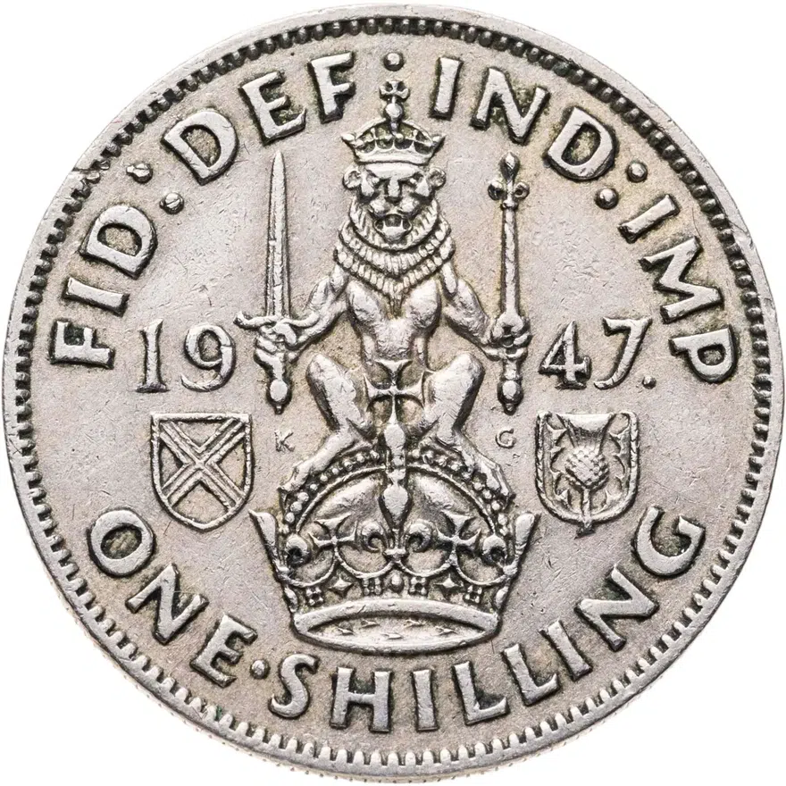 Великобритания 1 шиллинг (shilling) 1947  Шотландский шиллинг - лев, сидящий на короне, реверс
