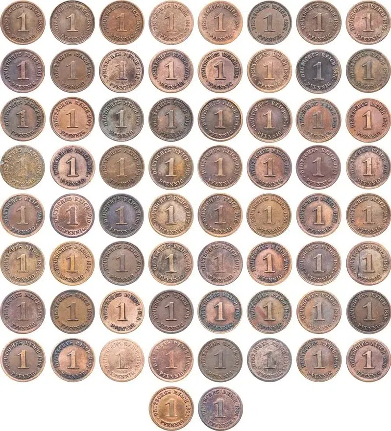 Германия набор из 66 монет 1 пфенниг с 1874-1912 (не по порядку, разные годы), аверс