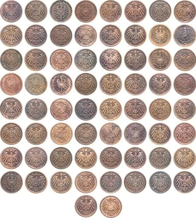 Германия набор из 66 монет 1 пфенниг с 1874-1912 (не по порядку, разные годы), реверс