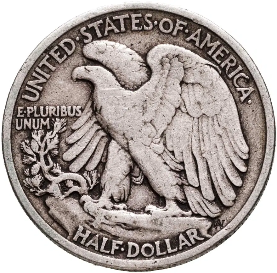 США 50 центов (1/2 доллара, half dollar) 1936  Walking Liberty Half Dollar (полдоллара Шагающая Свобода) без обозначения монетного двора, аверс