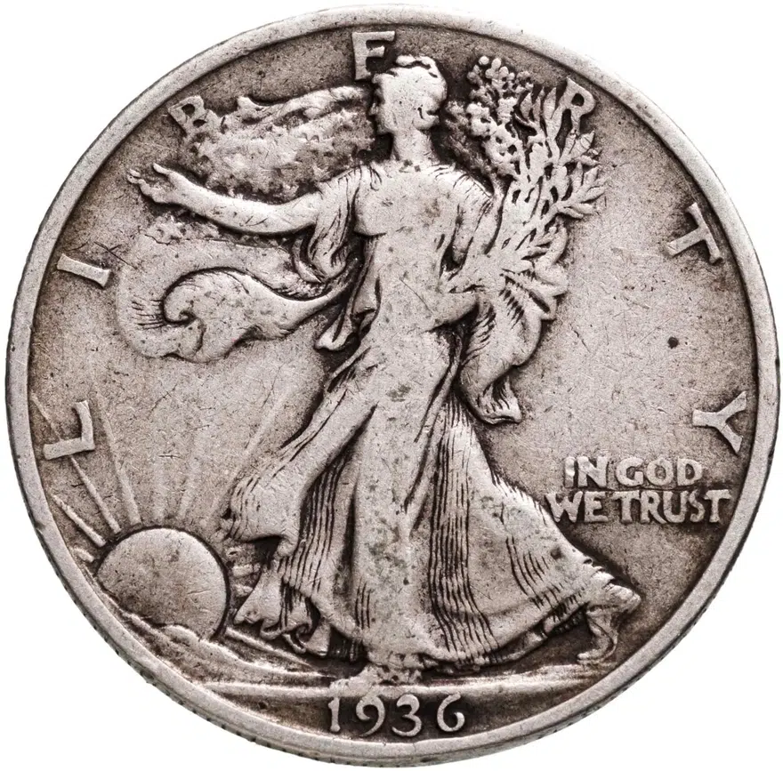 США 50 центов (1/2 доллара, half dollar) 1936  Walking Liberty Half Dollar (полдоллара Шагающая Свобода) без обозначения монетного двора, реверс
