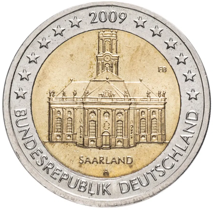 Германия 2 евро (euro) 2009 A "Федеральные земли Германии: Саар", аверс