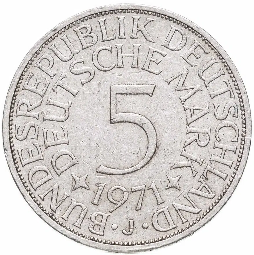 Германия 5 марок 1971 J знак монетного двора: "J" - Гамбург