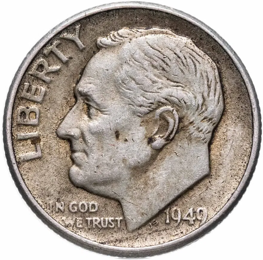 США 10 центов (дайм, one dime) 1949 "Silver Roosevelt Dime (Рузвельт)" без обозначения монетного двора, аверс